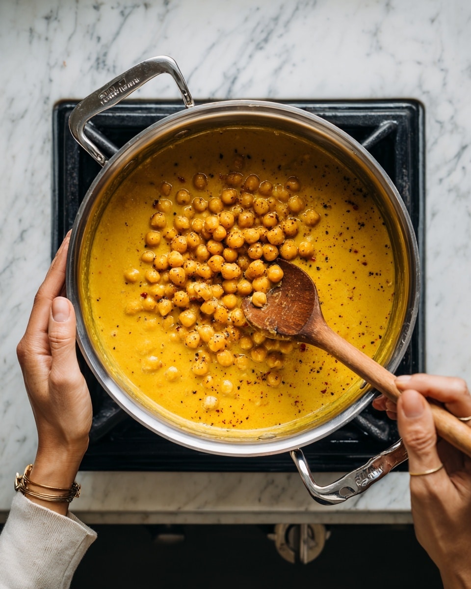 The image shows a silver pot filled with a thick yellow curry sauce and round chickpeas, having a smooth, creamy texture with small visible spices. There are two woman's hands in the frame; one holding the pot handle on the left side, and the other on the right side stirring the chickpeas with a wooden spoon. The pot is placed on a black stove, which rests on a white marbled countertop. The lighting highlights the rich golden color of the curry. photo taken with an iphone --ar 4:5 --v 7