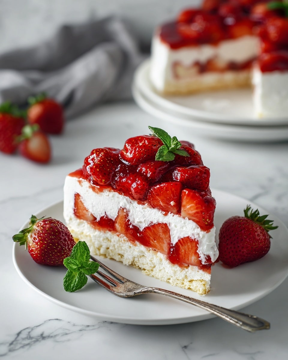 A slice of strawberry dessert on a white plate sits on a white marbled surface. The dessert has three layers: a light-colored base layer that looks like a soft cake or meringue, a thick middle layer of white cream, and a top layer piled high with large, bright red strawberries, some halved. A shiny fork rests on the plate with a fresh green mint leaf next to it, and a whole strawberry with green leaves is near the fork. In the background, a gray cloth and more strawberries are visible, with part of the remaining dessert shown on a white plate. Photo taken with an iphone --ar 4:5 --v 7