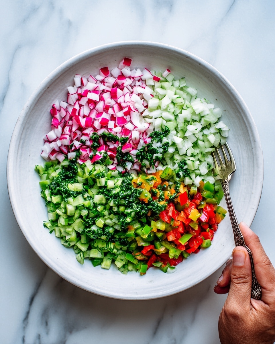 The image shows a white bowl on a white marbled surface filled with a colorful layered salad. The top layer has finely chopped radishes in shades of white and pink, occupying the upper part of the bowl. Below that, there is a bright green mixture of finely diced cucumbers and herbs, with a drizzle of a dark green sauce on top. To the right of the cucumber layer are small diced pieces of red and green bell peppers adding a vivid splash of color. The salad's layers are a mix of fresh crunchy vegetables with a textured, slightly wet look from the herb sauce. A woman's hand is seen holding a fork from the right side over the bowl. Photo taken with an iphone --ar 4:5 --v 7