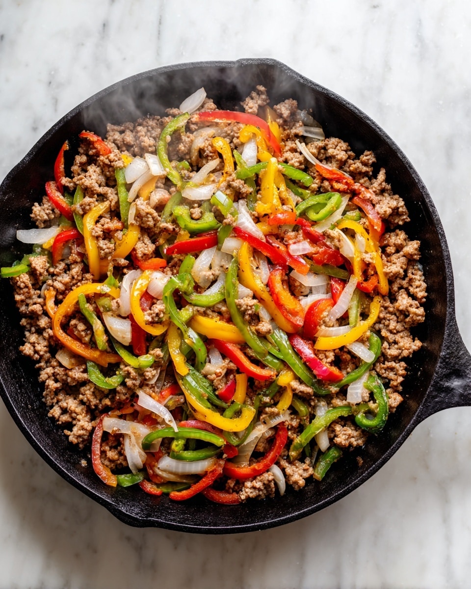 A round black pan holds a base layer of cooked ground meat with a brown and slightly crumbly texture. On top, there is a colorful mix of thinly sliced bell peppers in red, yellow, and green, along with chunks of white onion scattered across the center. The vegetables are raw and fresh, providing a bright contrast to the cooked meat underneath, and the pan emits light steam rising from the ingredients. The whole scene is set against a white marbled surface. photo taken with an iphone --ar 4:5 --v 7