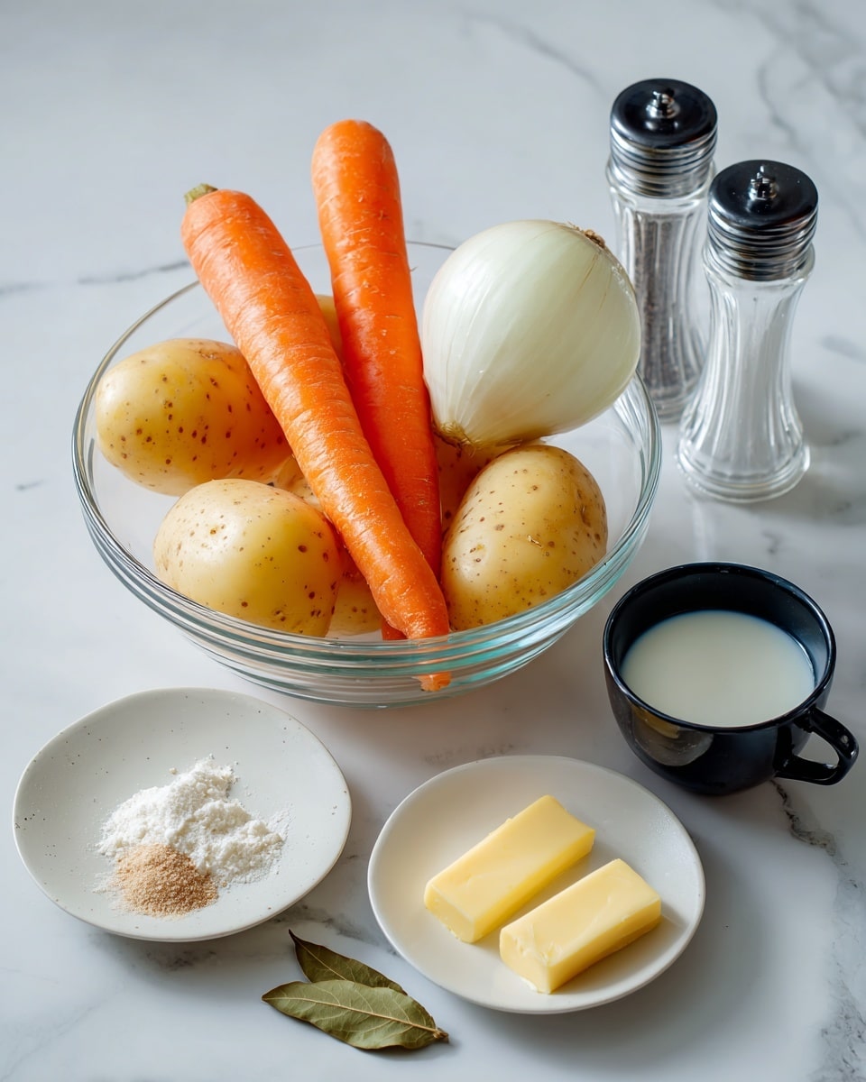 A clear glass bowl holds three peeled yellow potatoes at the bottom, two bright orange whole carrots standing upright behind them, and a whole white onion placed on top near the center. To the right of the bowl, two small white plates sit one above the other; the top plate has two small rectangular yellow butter pieces, while the bottom plate holds a small amount of light brown powder. A black measuring cup filled with milk is next to the plates. Two dried bay leaves rest flat on the white marbled surface to the right side. Behind the bowl, two clear salt and pepper grinders with black tops are placed side by side. The entire scene is set on a white marbled textured surface with a light gray wall background. Photo taken with an iphone --ar 4:5 --v 7