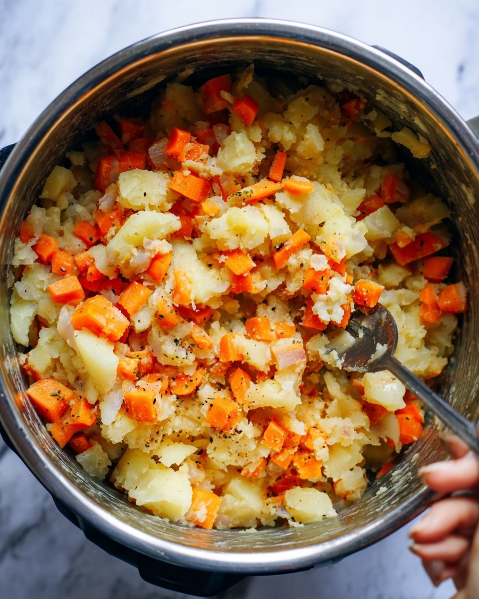 A close-up view inside a silver cooking pot shows chopped carrots and potatoes being mashed with a silver fork held by a woman's hand. The carrots are bright orange chunks scattered among pale yellow potato pieces. Small white bits of onion are mixed in, and tiny black pepper specks are visible over the vegetables. A light creamy liquid covers the bottom layer, giving the mixture a soft texture. The surface under the pot is a white marbled texture. Photo taken with an iphone --ar 4:5 --v 7