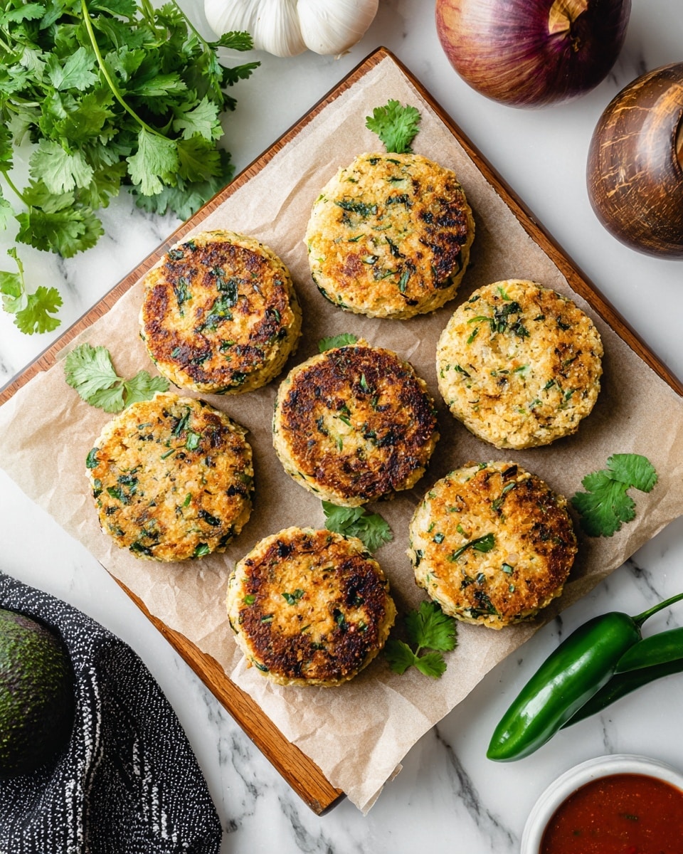 There are seven round patties on a square white marble board lined with brown parchment paper. The patties are light tan with green herb pieces mixed inside, showing a coarse and moist texture. The board is placed on a white marbled surface. To the left of the board, there is a bunch of green cilantro leaves, a whole white garlic bulb, and to the right, a whole purple onion and two green chili peppers are placed. A wooden salt container is partly visible at the top. At the bottom left corner, a dark green avocado and a black and white striped cloth can be seen. At the bottom right corner of the frame, a small white bowl with red sauce is partially visible. photo taken with an iphone --ar 4:5 --v 7