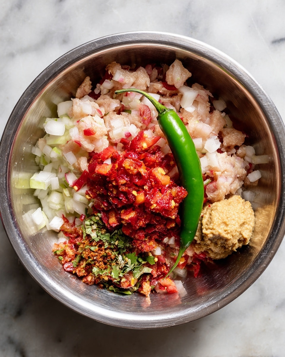 Inside a shiny silver metal bowl, there are colorful ingredients arranged in layers. The bottom layer is a mix of small white and light pink chunks, looking like finely chopped onions and meat. On top of this, bright red pieces are scattered, resembling chopped tomatoes. Resting along the side is a whole green chili pepper, adding a vibrant contrast. Near the center, there is a small dollop of a beige paste or sauce. The background shows a white marbled texture. Photo taken with an iphone --ar 4:5 --v 7