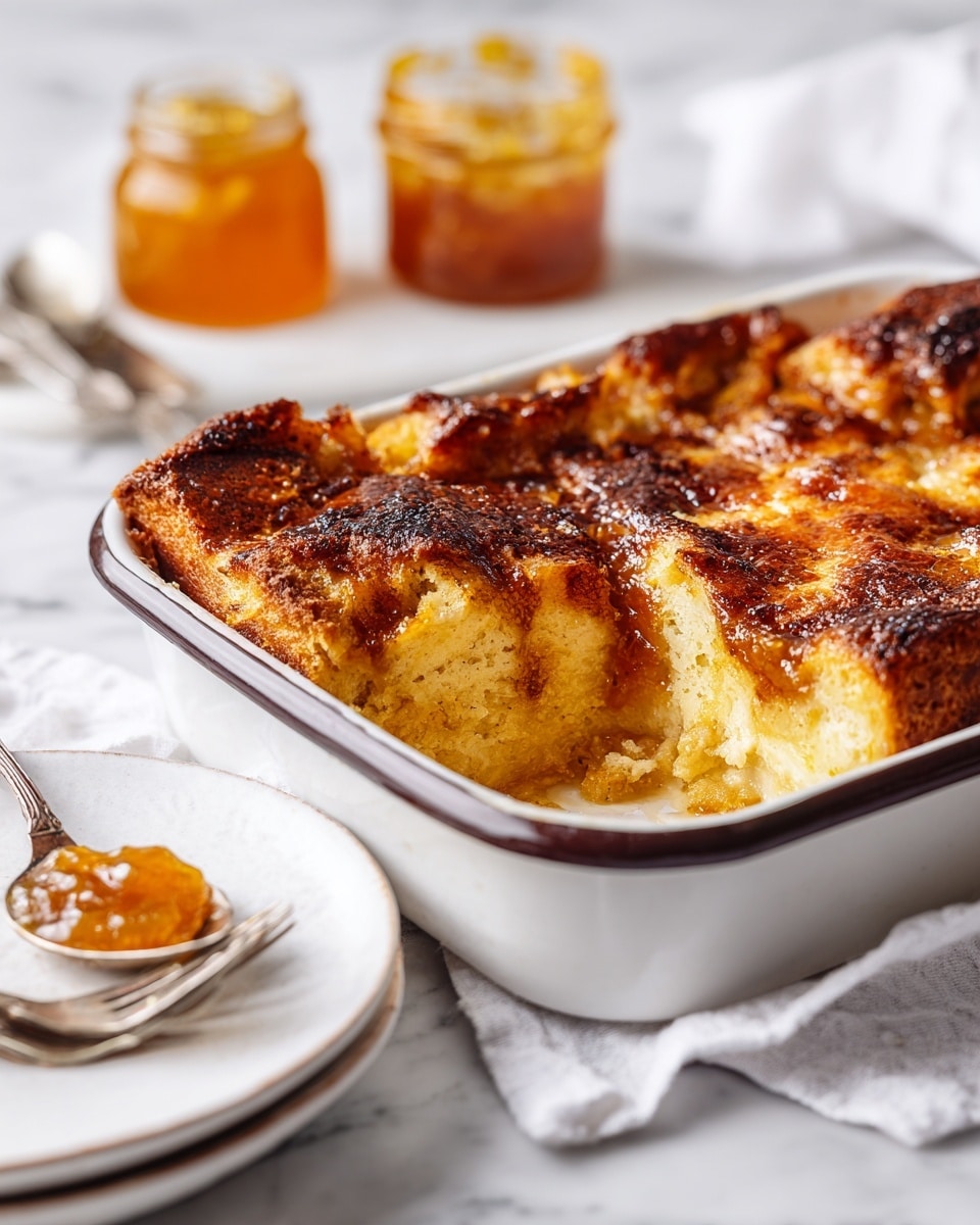 A golden brown bread pudding sits in a white baking dish with a dark rim, showing a soft and spongy inside after one corner is cut out. The top layer is golden and slightly crispy with darker caramelized edges. In the background on the white marbled surface, there is a jar of orange marmalade with a spoon inside and two vintage silver forks nearby. A portion of the bread pudding is placed on a white plate in the foreground. The scene has a bright, clean look with a white marbled background and white cloth under the dish. Photo taken with an iphone --ar 4:5 --v 7