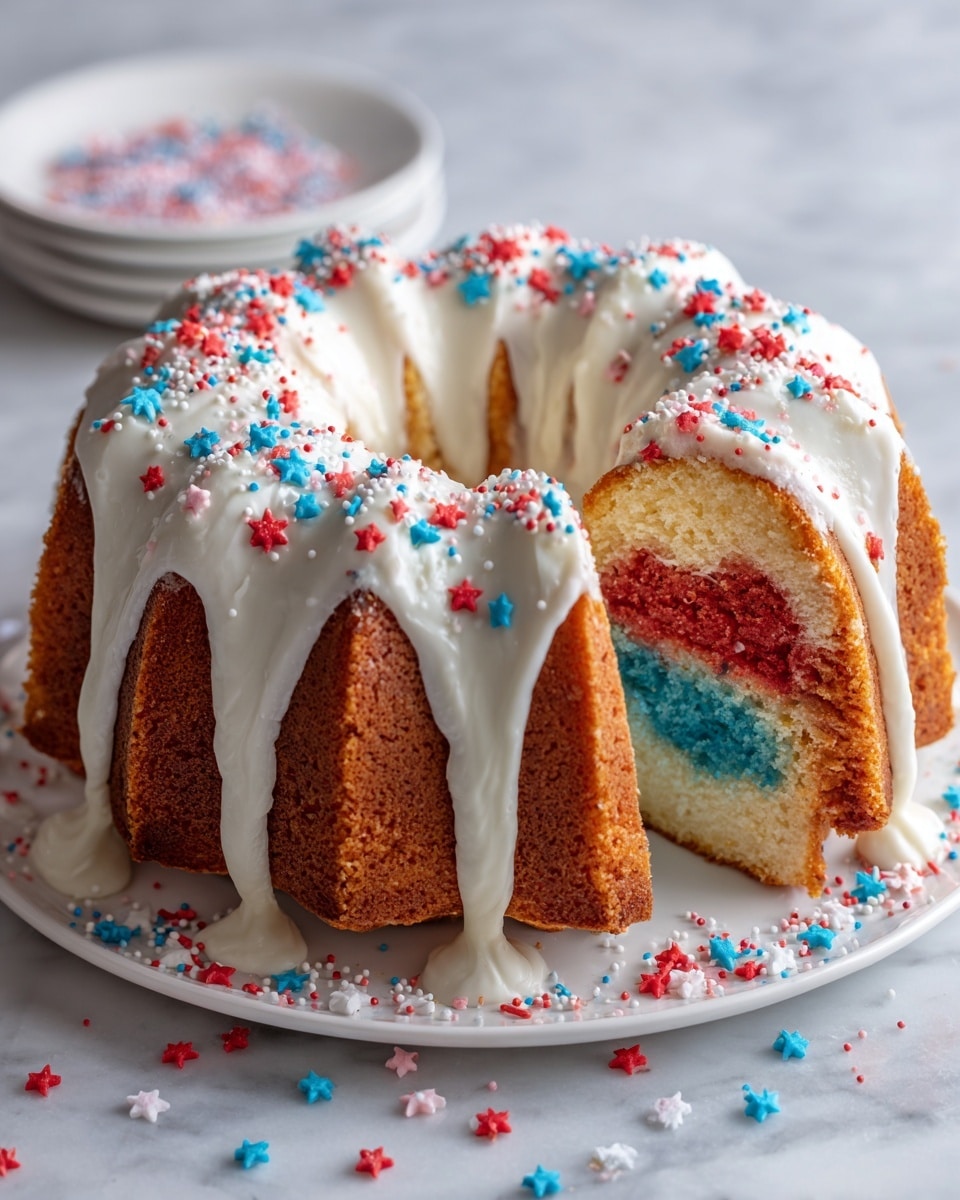 The image shows a layered bundt cake with a slice taken out, revealing three bright layers inside: a red layer at the bottom center, surrounded by a blue layer, and an outer light beige layer. The cake is covered with white icing that drips down the sides, decorated with small red, blue, and white star and round sprinkles scattered on the icing and the white plate beneath. The cake sits on a white plate on a white marbled surface. Photo taken with an iphone --ar 4:5 --v 7