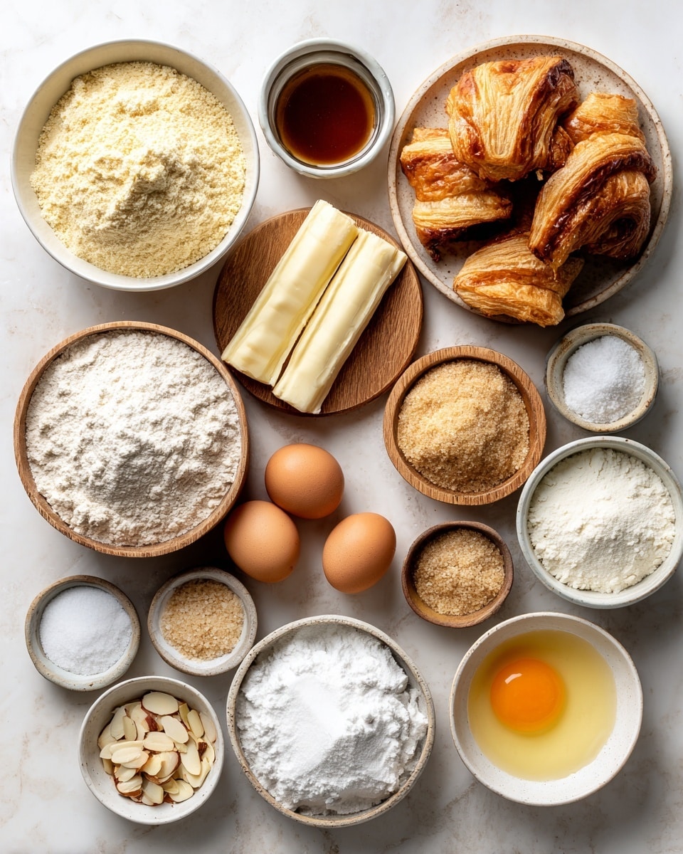 The image shows a flat lay of baking ingredients arranged neatly on a white marbled surface. There are 16 containers and plates in total: on the top left, a white bowl filled with pale yellow almond flour, next to a small white bowl with coarse salt beside another small white bowl with dark amber vanilla extract. In the middle, a wooden round plate holds two sticks of pale yellow butter wrapped in paper. To the right, a white bowl filled with flaky torn pieces of golden croissant bread, and beside it, a white bowl heaped with light brown sugar. Below, a small wooden bowl contains two brown eggs. In the center, a white bowl is filled with fine white flour, surrounded by smaller white bowls holding ingredients such as white sugar, powdered sugar, sliced almonds, and various white powders like baking powder and salt. A white bowl with orange whisked eggs and another with melted yellow butter sit near the center. Everything is cleanly arranged with a soft light enhancing the natural color and texture of each ingredient. photo taken with an iphone --ar 4:5 --v 7