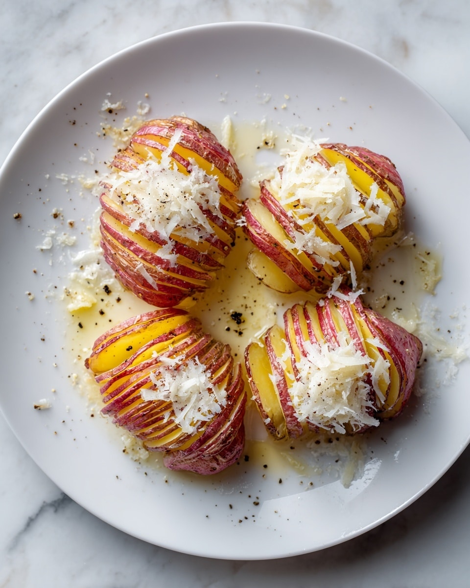 There are four red potatoes placed on a white plate, each sliced thinly but not all the way through, forming layered fans. Between the layers, there are thin slices of yellow cheese that peek out. On top of the potatoes, two of them are covered with finely grated white cheese, while the other two have coarser white cheese. The plate has some melted butter and black pepper sprinkled around the potatoes. The whole setup rests on a white marbled surface. photo taken with an iphone --ar 4:5 --v 7
