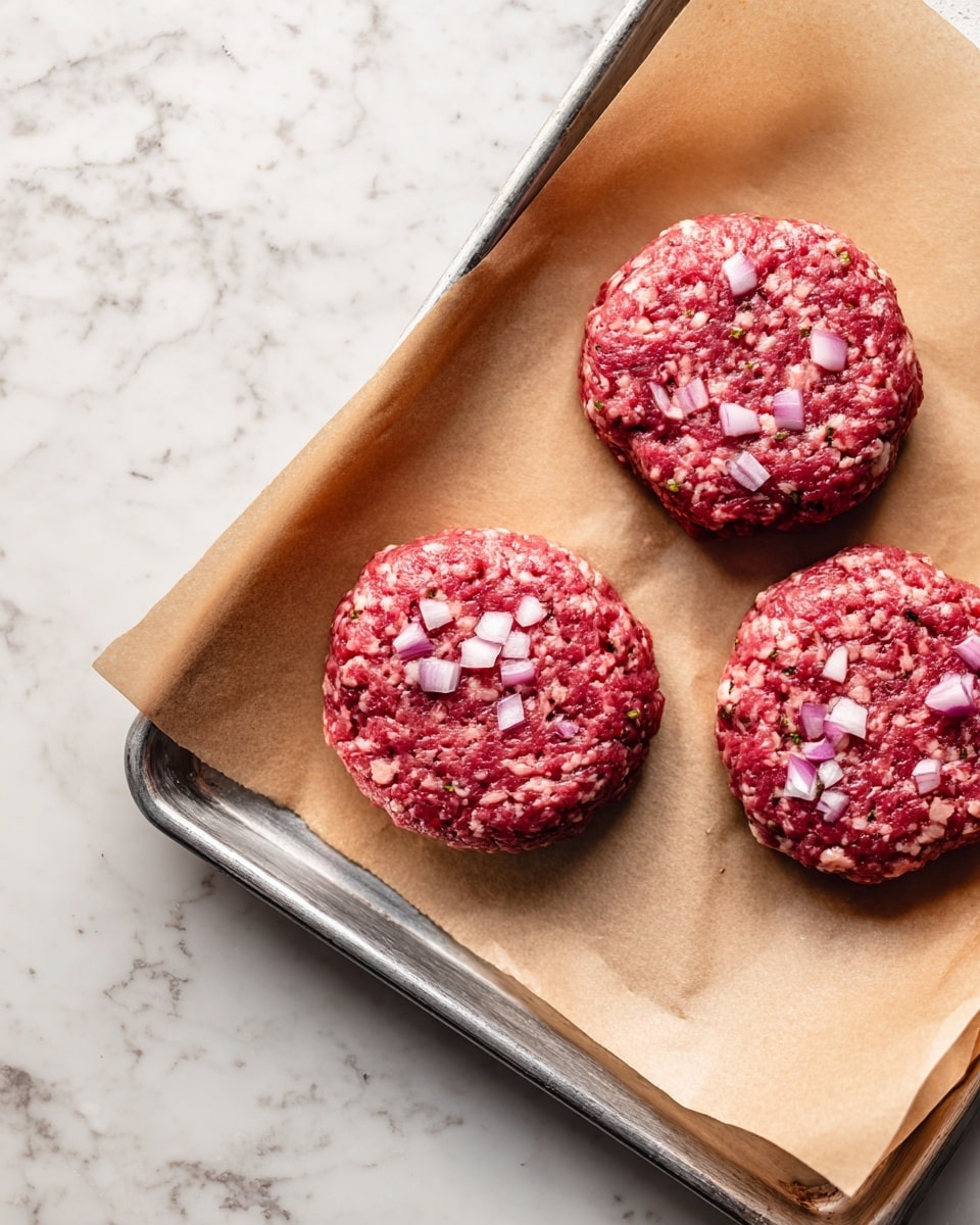 Three raw pink burger patties with white chopped onions mixed inside are placed on light brown parchment paper. The parchment paper lines a metal baking sheet with a shiny silver edge. The baking sheet is set on a white marbled surface, showing soft gray veins. The patties have an uneven round shape and a slightly rough texture. Photo taken with an iphone --ar 4:5 --v 7