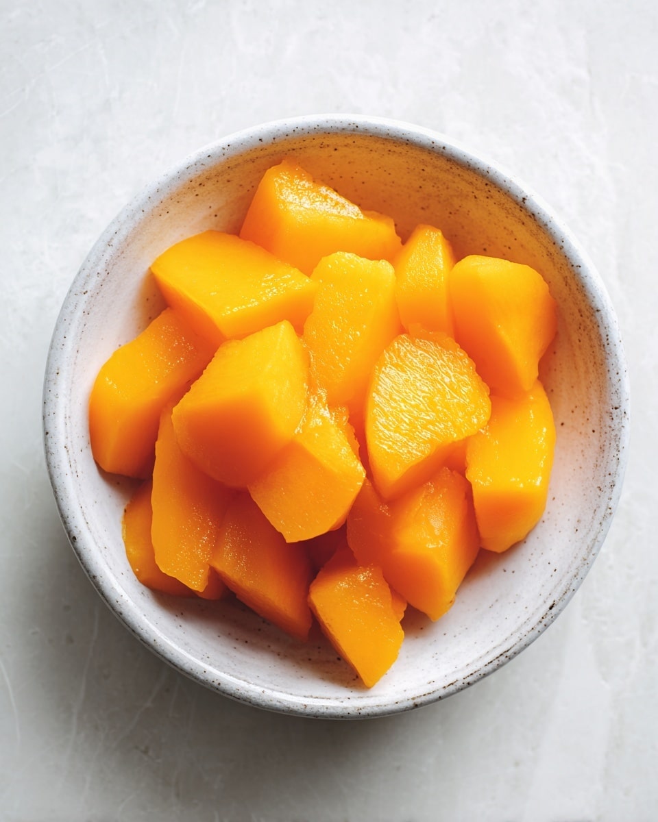 A close-up view of a white speckled bowl filled with small, bright orange chunks of fruit that look smooth and juicy. The pieces are irregularly shaped and layered closely together, filling the bowl to the edge. The bowl sits on a white marbled surface, with a soft light highlighting the shiny texture of the fruit, making it look fresh and ripe. photo taken with an iphone --ar 4:5 --v 7
