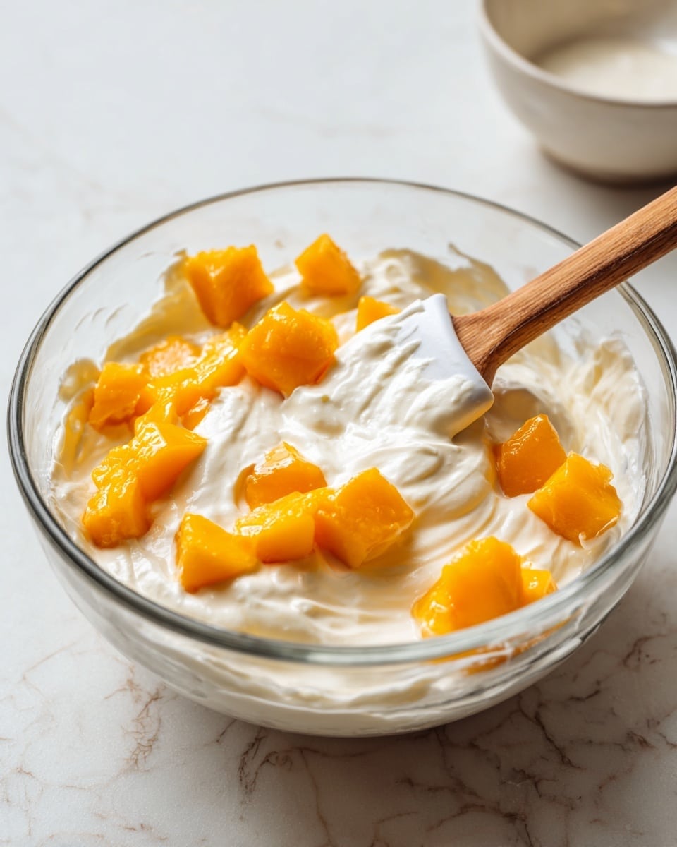 A clear glass bowl filled with a creamy white mixture that looks smooth in texture, with bright orange mango chunks scattered on top. A wooden spatula with a white silicone end is partly dipped into the mixture, stirring the mango pieces. The bowl sits on a white marbled surface, and in the background, there is a blurry white bowl. The scene captures a close-up view with soft natural light. Photo taken with an iphone --ar 4:5 --v 7