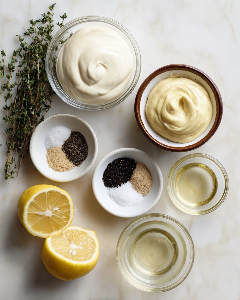 The image shows several small white bowls and clear glass bowls on a white marbled surface. One clear glass bowl at the top center holds a smooth, creamy white mayonnaise. To its right, a white bowl with a brown rim contains a thick, light yellow dijon mustard. Below the mustard bowl, another white bowl with a brown rim is divided into three sections holding black pepper, light brown garlic powder, and coarse white salt. Below the mayonnaise, a small clear glass bowl is filled with clear vinegar. At the bottom right, a larger clear bowl holds pale yellow-white balsamic vinegar. At the bottom left corner, two lemon halves show a bright yellow, juicy texture. Fresh green thyme sprigs lay on the left side of the image. Labels with black text are placed near each ingredient. Photo taken with an iphone --ar 4:5 --v 7