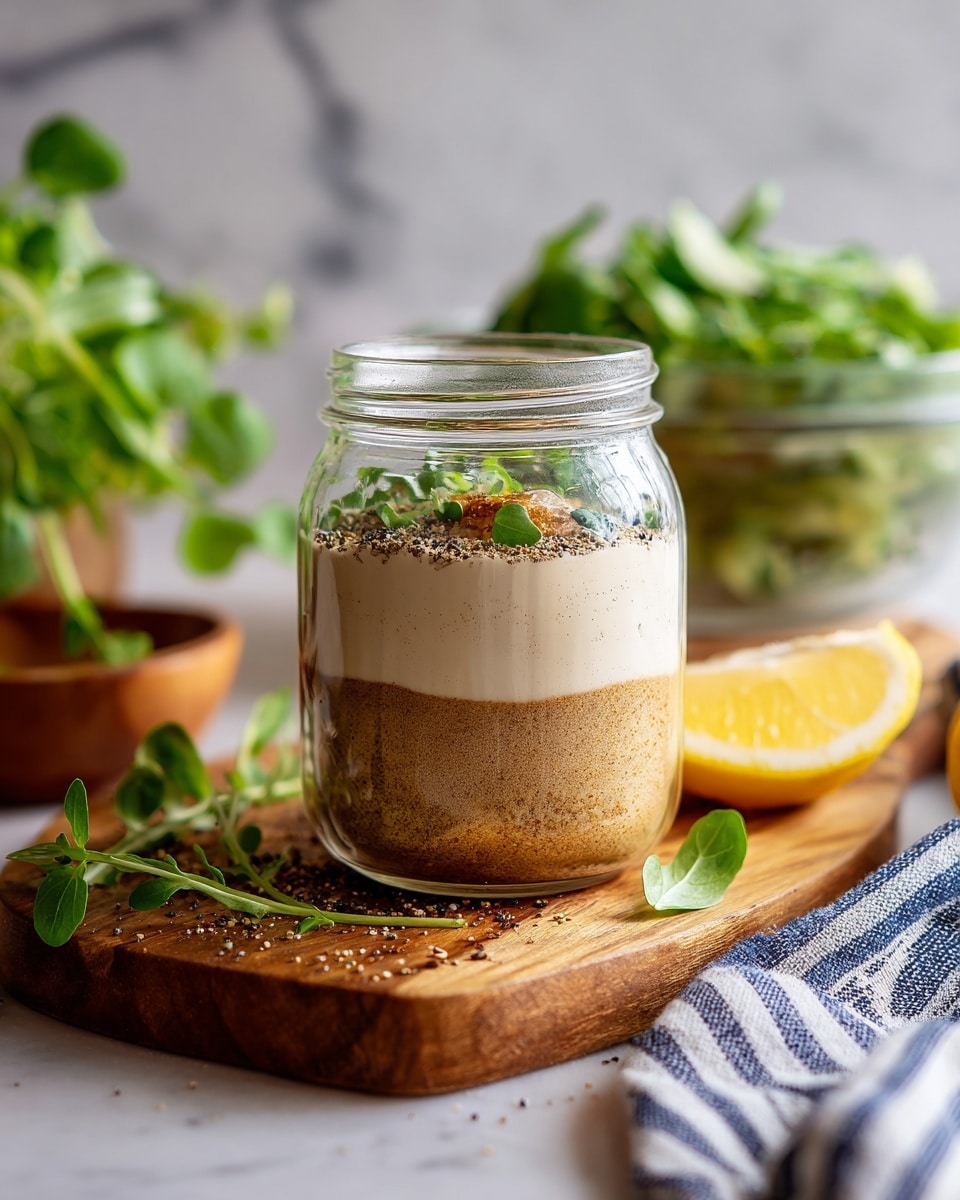 The image shows a clear glass jar filled with several layers of ingredients. The bottom layer is a grainy light brown mixture, above it there is a thick white creamy layer that looks smooth, and on top of that are black pepper specks and a small piece of light brown ingredient. The jar is placed on a wooden board with fresh green herb sprigs on the left side and a sliced yellow lemon half on the right side. In the background, a glass bowl filled with green leafy salad is slightly blurred. A white and dark blue striped cloth is draped on the lower right corner. The surface under everything is a white marbled texture photo taken with an iphone --ar 4:5 --v 7