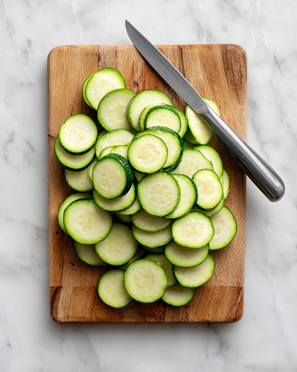 A wooden cutting board is placed on a white marbled surface. On the board, there are about ten slices of a green zucchini, arranged in a slightly scattered pile near the center. The zucchini slices are circular with light green flesh and darker green skin around the edges. A silver knife with a black handle is placed diagonally near the top of the cutting board, its blade resting close to the zucchini slices. The overall scene is simple and clean, focused on the sliced zucchini and the knife. photo taken with an iphone --ar 4:5 --v 7