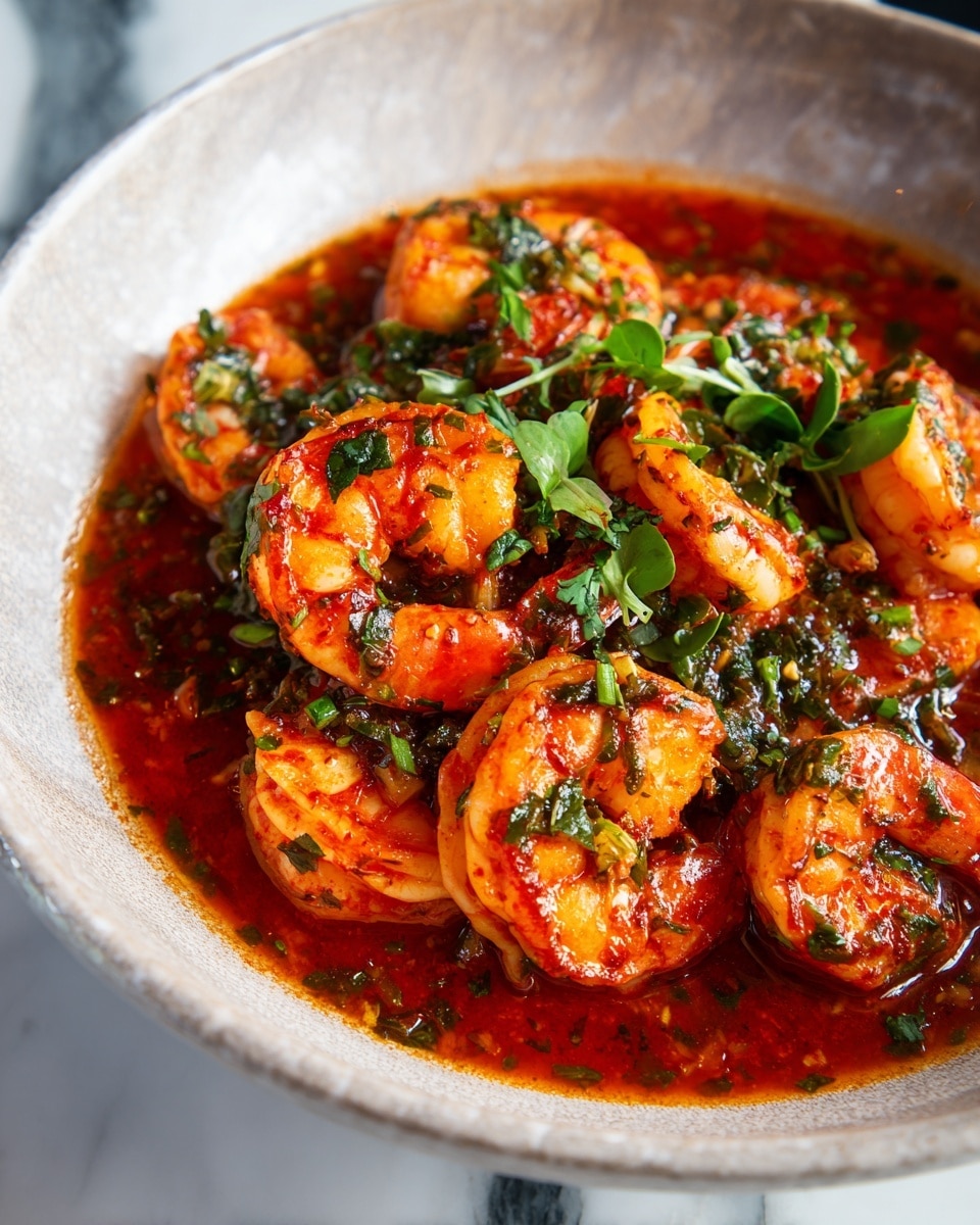 The dish shows many pieces of shrimp, orange in color with visible texture, sitting in a thick red sauce. The shrimp pieces are mixed with small bits of green herbs and onions, floating evenly in the rich, shiny sauce. The sauce looks smooth with some bubbles on the surface, and the green herbs add small bursts of color in between the orange shrimp and red sauce. The close-up photo has a soft focus on the edges, highlighting the texture and shine of the shrimp and sauce in the center. The dish is on a white marbled surface. photo taken with an iphone --ar 4:5 --v 7