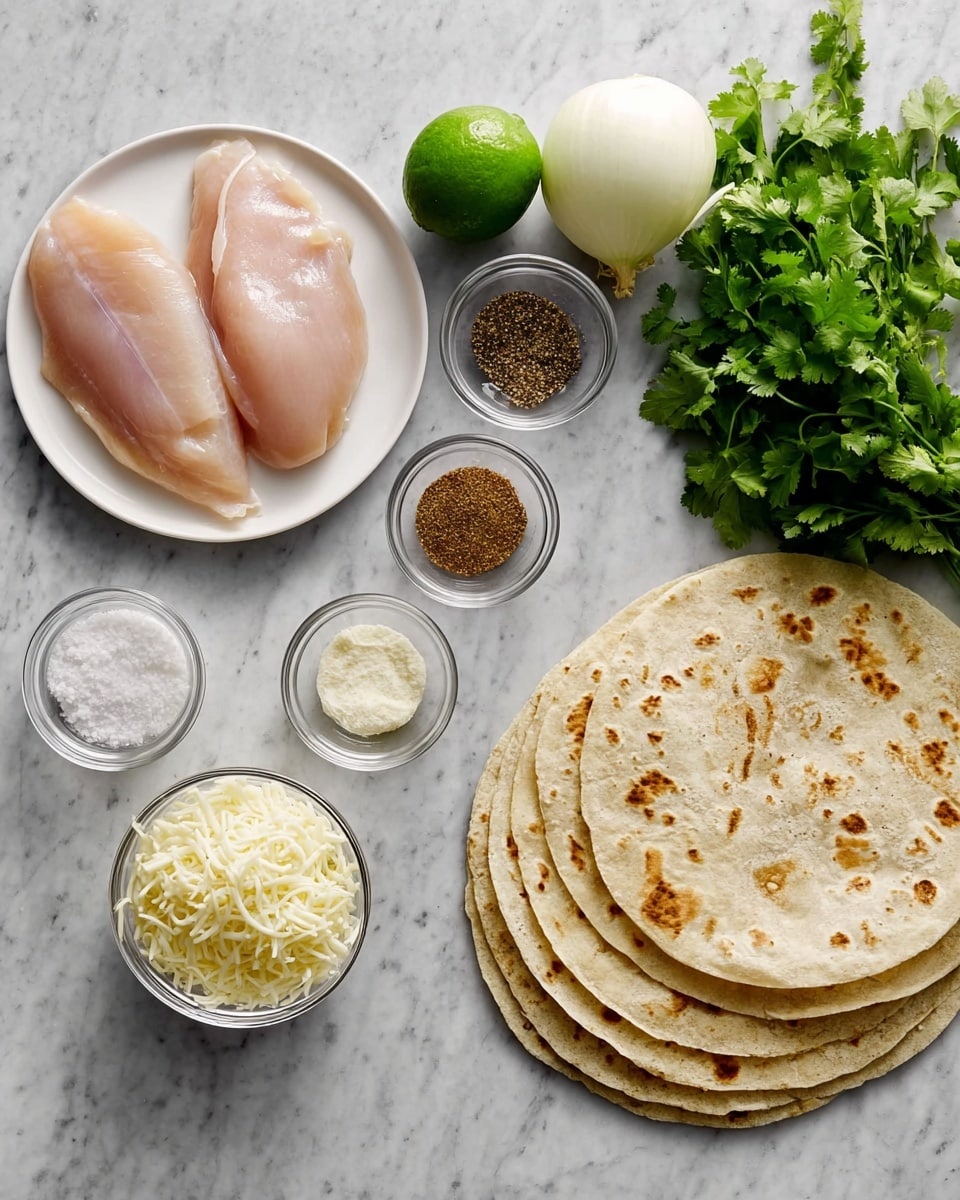 The image shows a flat lay of various cooking ingredients on a white marbled surface: on the left, two raw pale pink chicken slices are placed on a white plate; next to it is a whole green lime and a whole white onion; in the center is a small clear bowl filled with white shredded cheese; nearby are small clear bowls holding a brown spice mix, salt, and black pepper. To the right, a stack of round, light beige tortillas with some toasted brown spots is arranged beside a bunch of green fresh cilantro leaves. The colors are natural and the textures range from smooth chicken to shredded cheese and leafy herbs, all neatly spaced out. Photo taken with an iphone --ar 4:5 --v 7