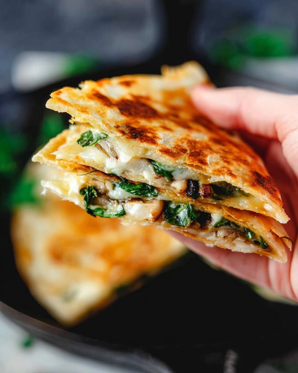 A close-up of a woman's hand holding a slice of quesadilla showing three visible layers: a golden-brown crispy outer layer with a slightly uneven texture on top, a middle layer of melted creamy cheese, and an inner layer with green leafy vegetables and small browned pieces, likely grilled or sautéed. The background is blurred with dark tones and hints of green, resembling a skillet, set on a white marbled surface. photo taken with an iphone --ar 4:5 --v 7
