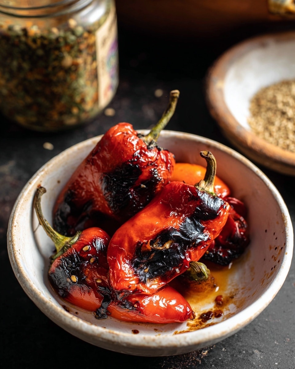 A small white bowl holds three charred red peppers with black burnt spots and wrinkled skin, showing a mix of bright red and dark black colors. The peppers are placed close to each other, some with stems still attached, and the bowl’s inside shows slight stains from the peppers' juices. The bowl is set against a dark out-of-focus background with a blurred jar at the back and a portion of a white bowl with crushed seeds next to it. Photo taken with an iphone --ar 4:5 --v 7