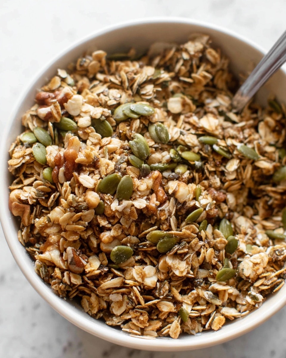 A close-up view of a bowl filled with granola mix showing a thick layer of oat flakes, green pumpkin seeds, and brown nuts all mixed together with a slightly sticky texture, giving a toasted look. The bowl is white and sits on a white marbled surface, and a metal spoon is partly visible on the right side, slightly blending into the mix in the bowl, photo taken with an iphone --ar 4:5 --v 7