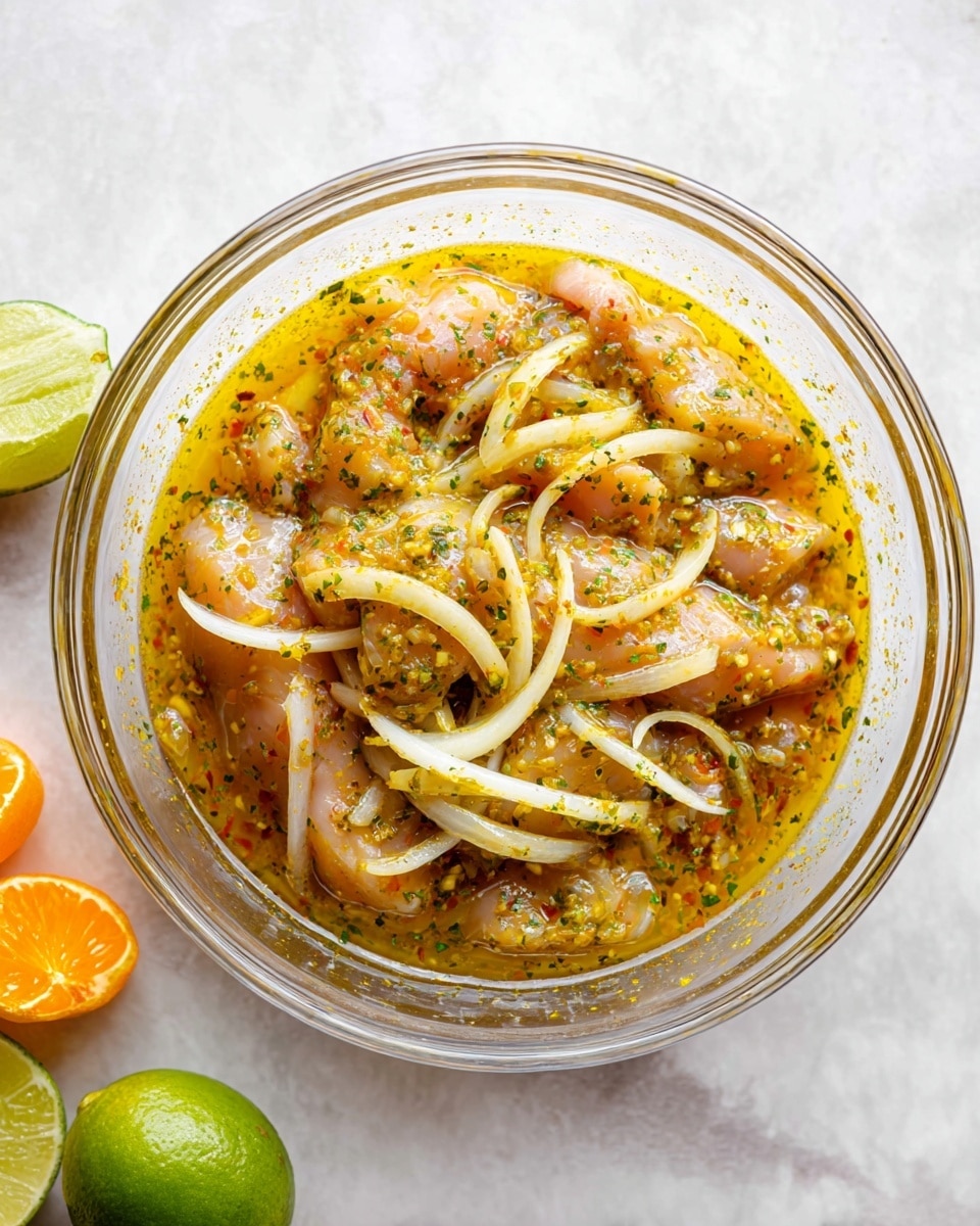 A clear glass bowl sits on a white marbled surface, filled with raw chicken pieces marinating in a yellowish-orange sauce speckled with green herbs. Thin, pale yellow onion slices are scattered over the chicken, mixing with the sauce that has a slightly oily texture. Around the bowl, there are halved fresh citrus fruits, including a green lime and vibrant orange slices, adding a fresh and colorful contrast. The colors are bright and fresh, highlighting the marinating process. photo taken with an iphone --ar 4:5 --v 7