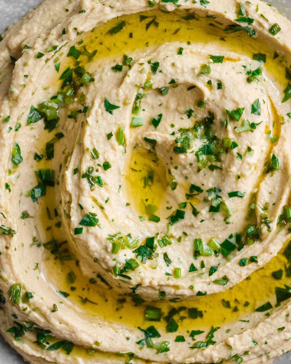 A close-up view of a creamy pale beige hummus spread with a smooth and slightly chunky texture, shaped into swirling layers. It is topped with a layer of golden olive oil pooled in the crevices of the hummus. Scattered on top are small pieces of chopped fresh green herbs, adding bright green color contrast across the surface. The dish sits on a white marbled background. photo taken with an iphone --ar 4:5 --v 7