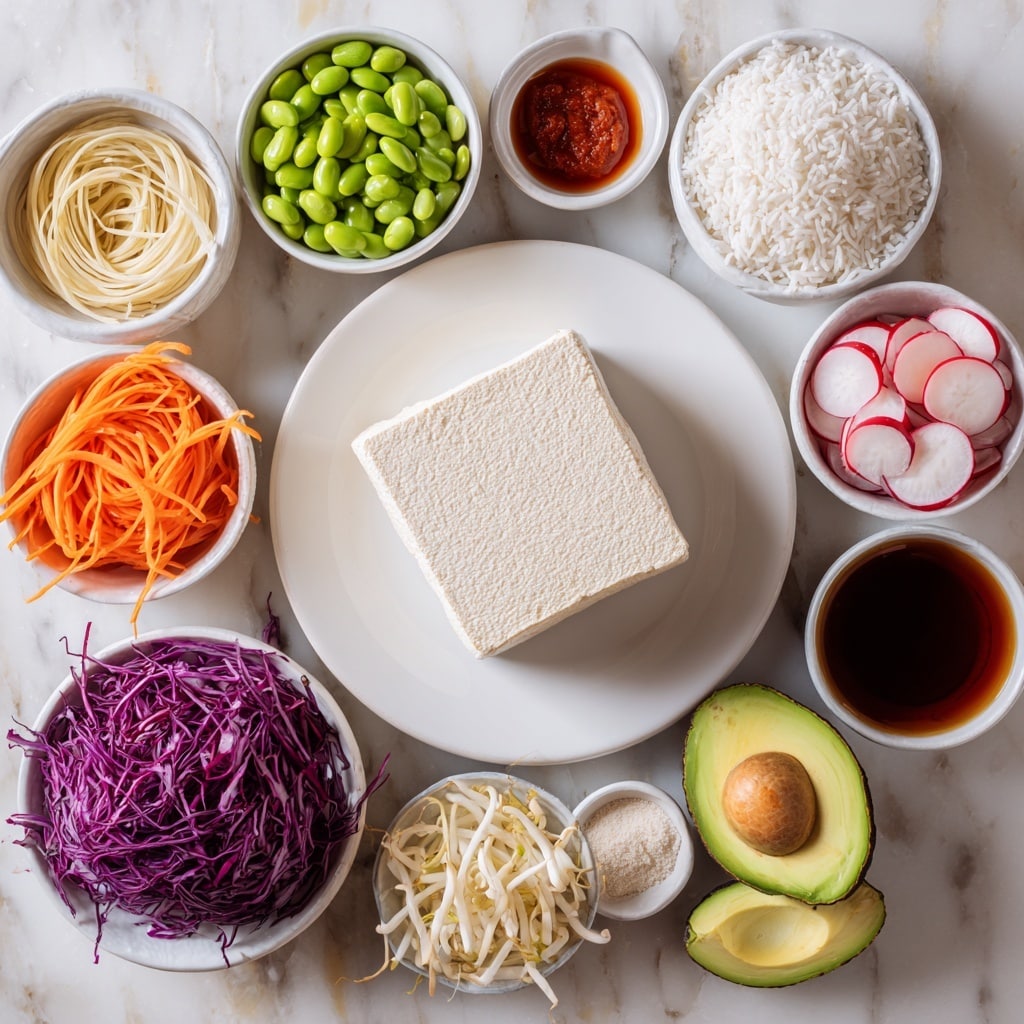 A white plate holds a large square block of plain tofu, pale cream in color with a slightly rough texture. Surrounding it are small white bowls, each filled with different ingredients: bright green edamame beans, thin round slices of red and white radishes, thin orange carrot ribbons, fluffy white cooked rice, finely shredded deep purple red cabbage, smooth yellow peanut butter, a dark brown soy sauce, a clear light brown sesame oil, a glossy red sriracha sauce, and a white powder of cornstarch. Two avocado halves show smooth green flesh, one with the pit visible and the other without. A bowl contains a light beige liquid labeled rice vinegar. All items are placed on a white marbled surface. photo taken with an iphone --ar 4:5 --v 7