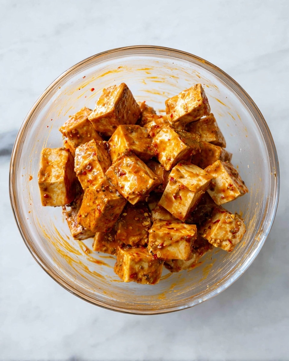 A clear glass bowl holds about twenty medium-sized cubes of tofu, each coated in a thick reddish-orange marinade with visible spices and bits of seasoning sticking to the creamy surface. The tofu cubes are stacked loosely, showing the blocky shapes and smooth, slightly rough textures with a few irregular edges. The bowl sits on a clean white marbled surface that contrasts with the warm colors of the marinade, and some marinade smears are visible inside the bowl. Photo taken with an iphone --ar 4:5 --v 7