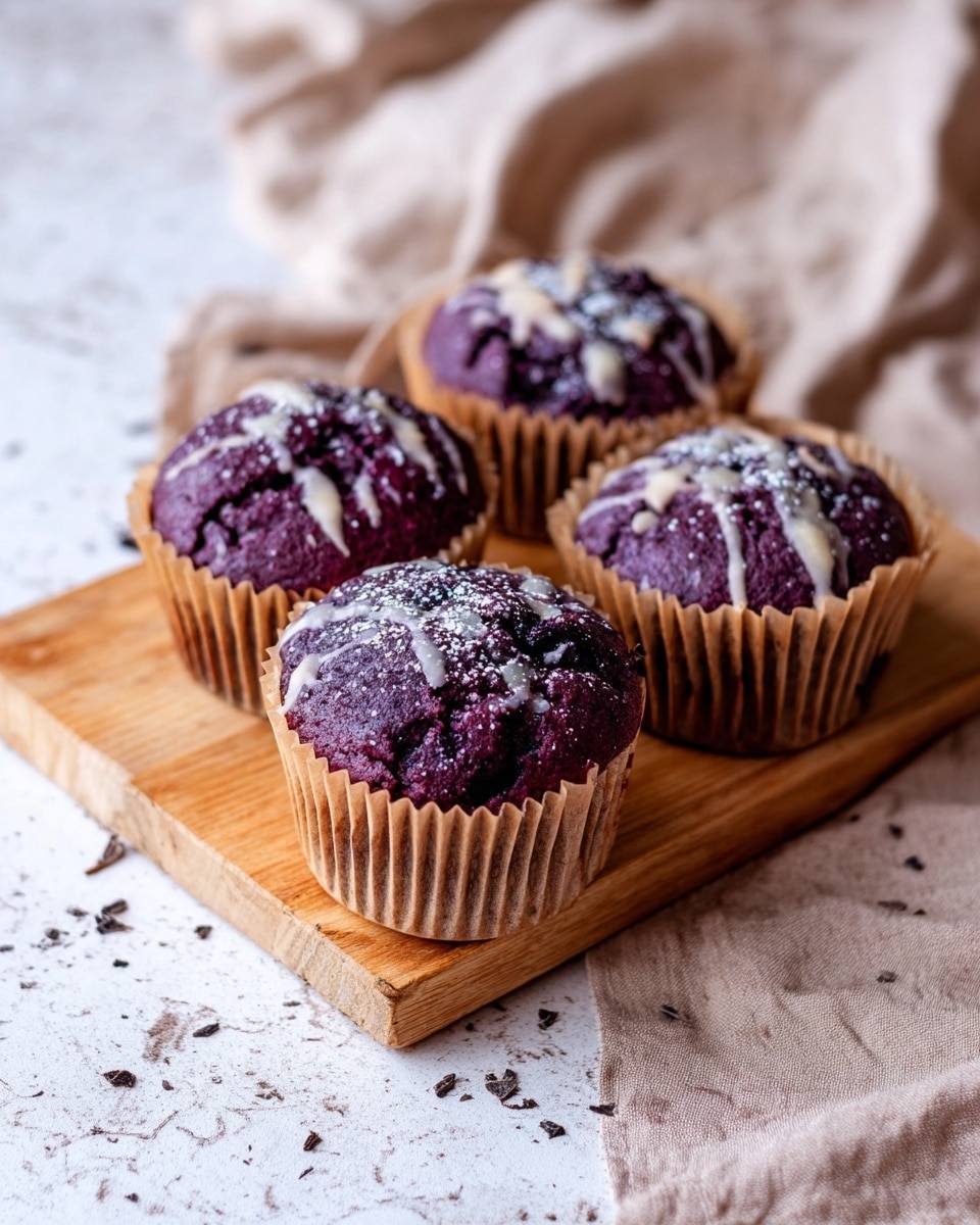 Four purple muffins sit on a light wooden board with crinkled brown paper wrappers. Each muffin top has a rough texture with a slightly cracked surface, showing chunks and small drizzle of light cream glaze on top. There is a sprinkle of powdered sugar dusted over them. The board rests on a wrinkled beige cloth with tiny dark crumbs scattered around on a white marbled surface. Photo taken with an iphone --ar 4:5 --v 7