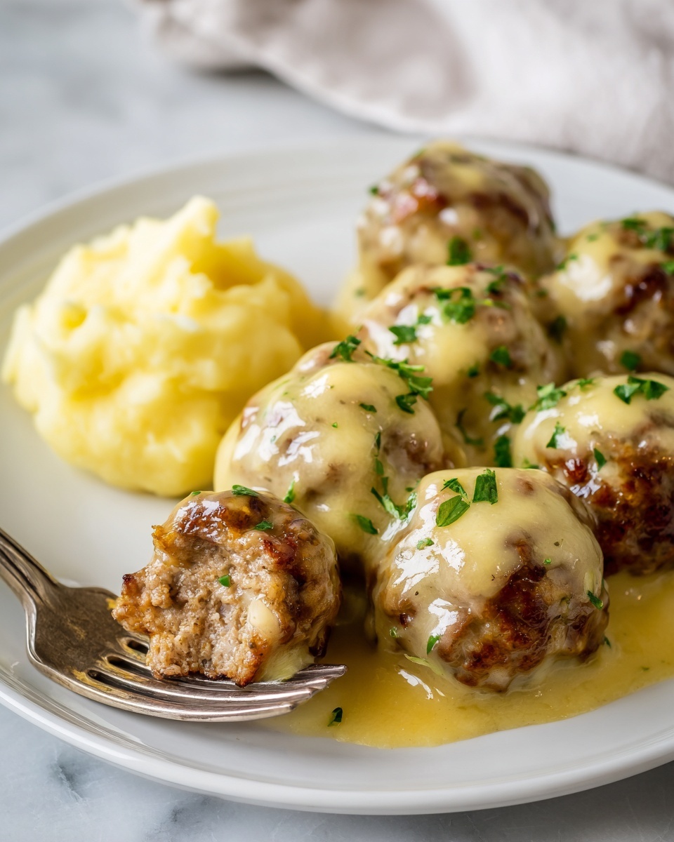 A close-up of a white plate with several brown meatballs covered in melted light yellow cheese and garnished with small green herb leaves. The meatballs have a soft, moist texture with slightly crispy edges, and the cheese looks smooth and a bit shiny, melting over the top. In the background, there is a small mound of pale yellow mashed potatoes that look creamy and soft. A vintage silver fork is pressing one meatball, showing its round shape and dense texture. The whole scene is set on a white marbled surface with warm, soft lighting. Photo taken with an iphone --ar 4:5 --v 7