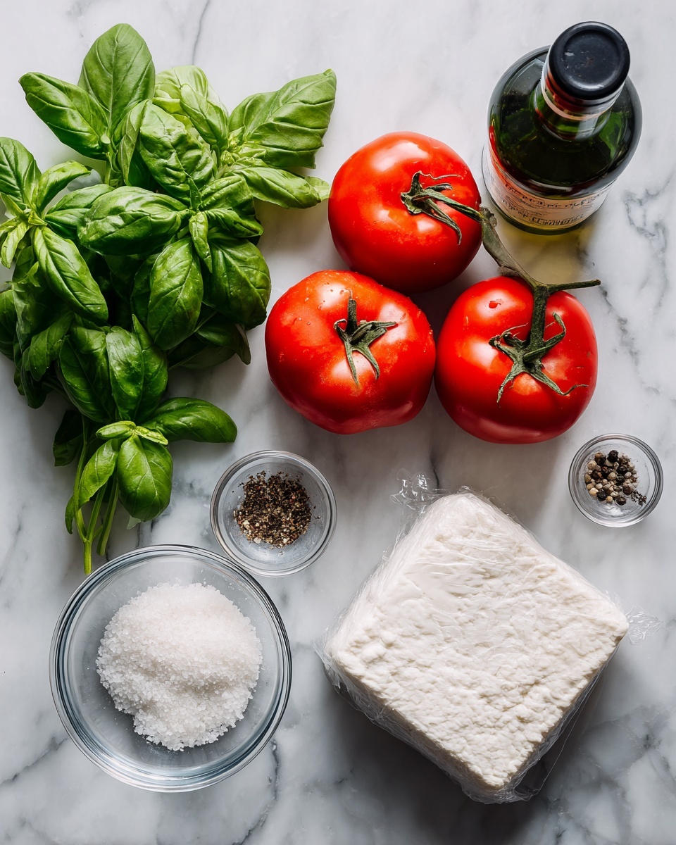 The image shows fresh ingredients laid out on a white marbled surface, including a bright green bunch of basil leaves on the left side, five shiny red tomatoes still attached to their green stems on the upper right, a clear glass bowl of coarse salt, and another small clear bowl with cracked black pepper. There is a block of white cheese in clear packaging at the bottom right. Two bottles sit near the top edge, one dark green bottle and a smaller, lighter bottle with a label. The colors are vibrant, with the reds, greens, and whites standing out clearly. Photo taken with an iphone --ar 4:5 --v 7