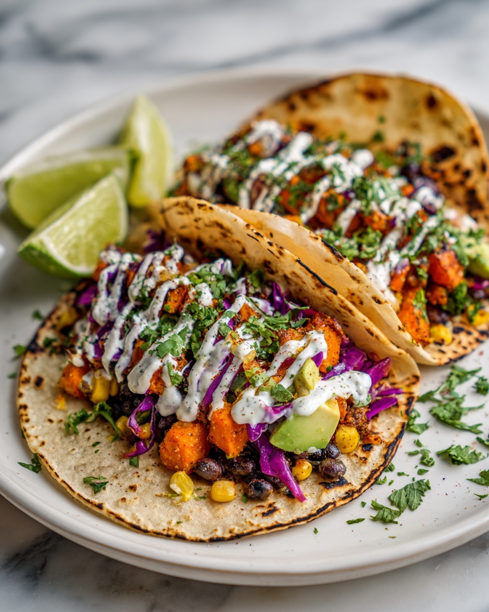 Two soft, warm tortillas with light brown char marks on the edges hold a colorful mix of layers inside. The bottom layer is black beans and yellow corn, topped with bright orange pieces of roasted vegetable, likely sweet potato. Above that, there are chunks of green avocado and bright purple cabbage pieces. White sauce is drizzled over the top, with green chopped herbs sprinkled all over. The tacos sit on a white plate with a vibrant green lime wedge and fresh cilantro leaves, all on a white marbled surface. photo taken with an iphone --ar 4:5 --v 7