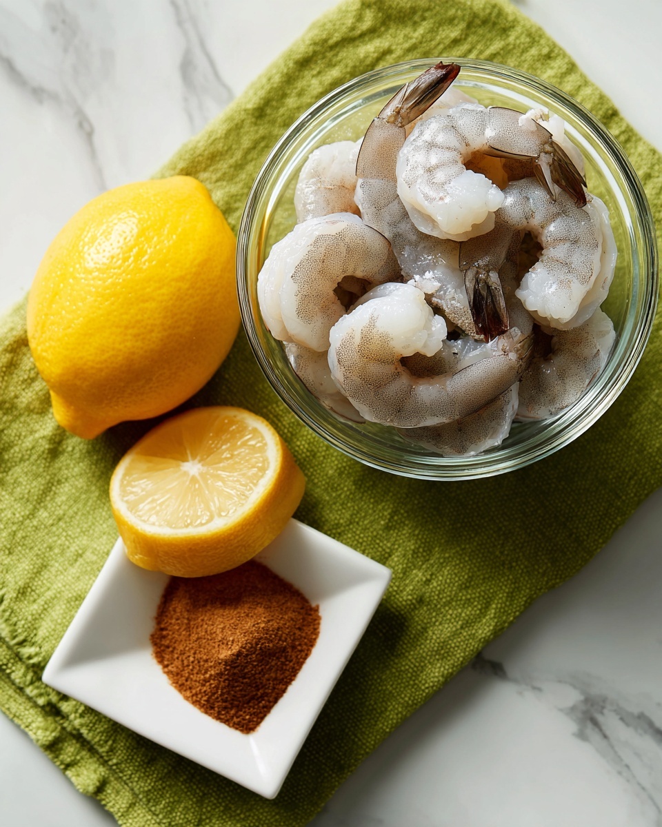 A clear bowl filled with several peeled, frozen shrimp, showing white icy texture around the light grey shrimp bodies and dark grey tails, positioned on a green cloth with a rough texture. To the left of the bowl, a whole bright yellow lemon with smooth skin rests on the cloth. Below the lemon, a small white square dish holds brownish-red seasoning powder with a fine texture. All items are placed on a white marbled surface. Photo taken with an iphone --ar 4:5 --v 7