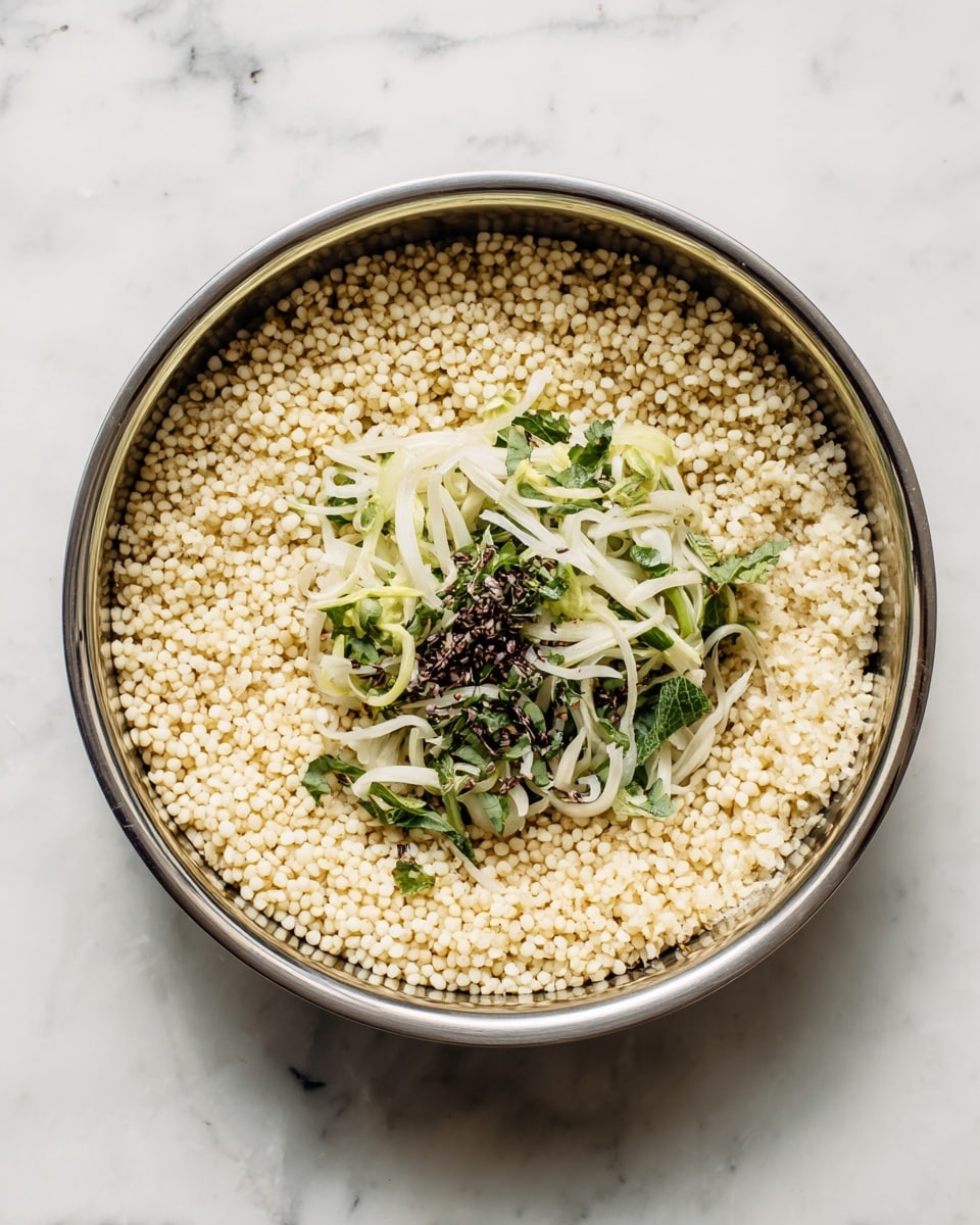 A metal pan filled with two layers of food sits on a white marbled surface. The bottom layer is small, round, pale beige grains grouped tightly, covering most of the pan. On top, there is a small pile of thinly sliced white and light green strands mixed with finely chopped dark green herbs, placed near the center. The textures show the grains as smooth and slightly shiny, while the sliced strands look soft and delicate. Photo taken with an iphone --ar 4:5 --v 7