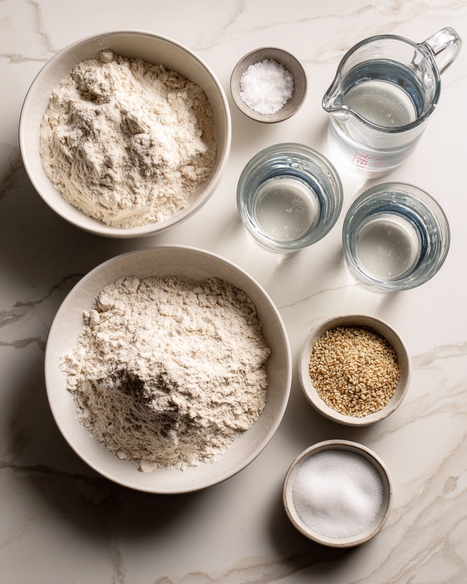 The image shows an overhead view of various baking ingredients placed on a white marbled surface. There are three white bowls filled with different ingredients: the largest bowl at the center bottom is filled with a large mound of white flour, a medium bowl at the top left contains a smaller amount of white flour, and a small bowl below it holds beige active dry yeast grains. Two clear glass measuring jugs with water sit near the top right and bottom left, one with 110ml and the other with 475ml of water. At the bottom right of the image, there are two small clear glass bowls containing white sugar and coarse salt. Each item is labeled with text boxes showing the amount of each ingredient. The lighting is soft and natural, highlighting the powders' textures. Photo taken with an iphone --ar 4:5 --v 7