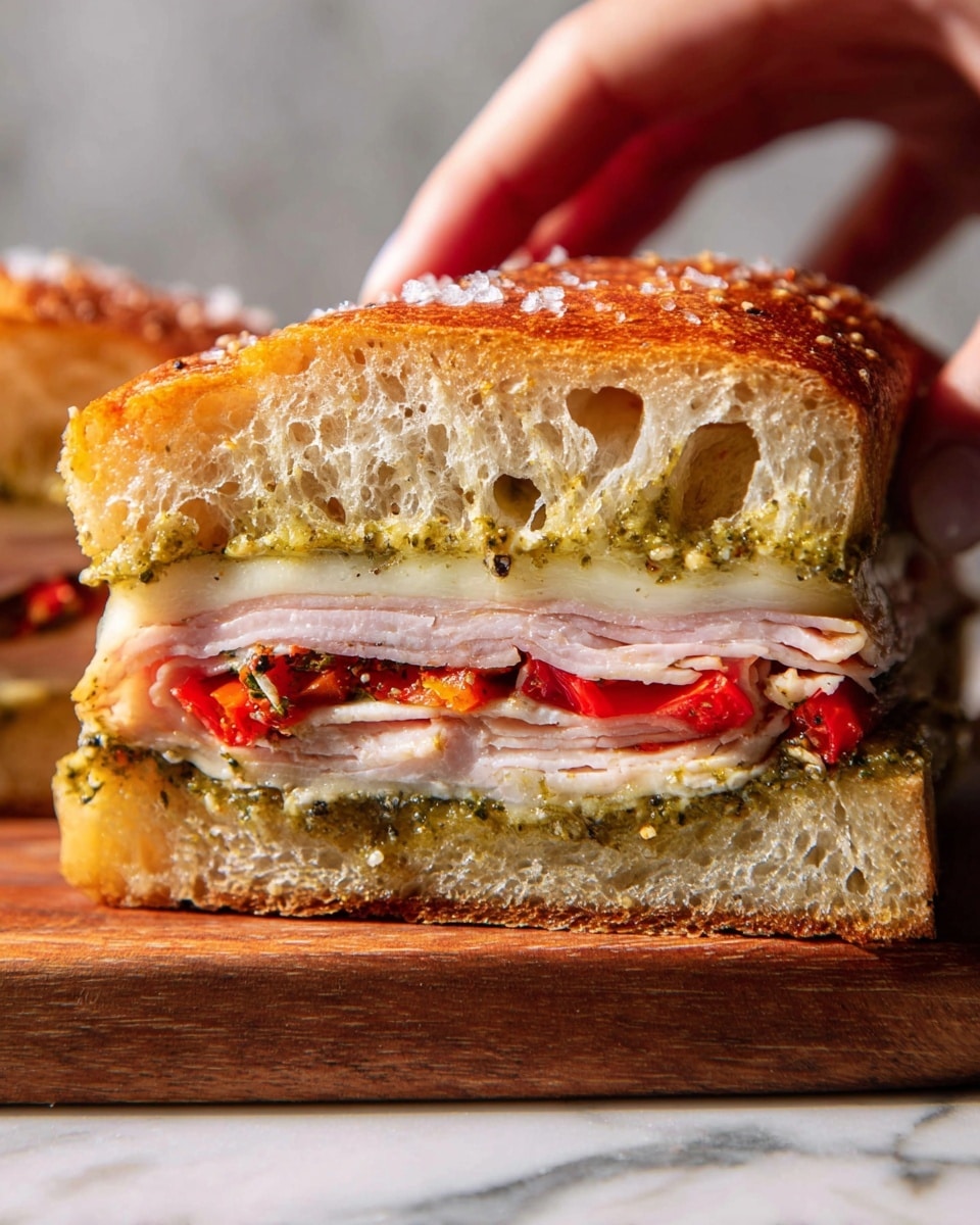 A close-up of a sandwich held by a woman's hand showing three main layers inside thick, soft, and slightly porous golden-brown bread. The bottom layer is a green pesto spread with a coarse texture, topped by a layer of thin light pink meat, followed by a smooth white cheese layer. Above the cheese, there are bright red roasted pepper strips. The sandwich top has a golden-baked crust with small salt crystals. The sandwich sits on a wooden board with a white marbled surface visible below. Photo taken with an iphone --ar 4:5 --v 7