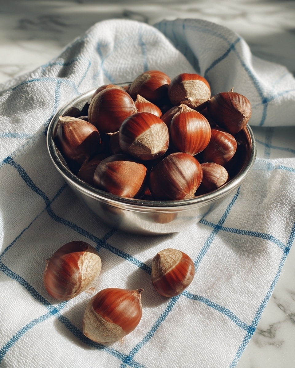 A shiny silver metal bowl filled with smooth, brown chestnuts is placed on a white cloth with a blue grid pattern. Several chestnuts are scattered out of the bowl on the cloth, showing their rounded and slightly glossy shells with light beige tips. The setting rests on a white marbled surface, adding a soft texture to the background. photo taken with an iphone --ar 4:5 --v 7