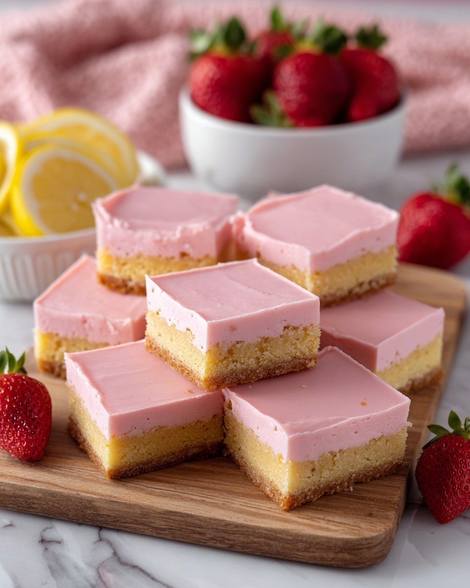 A woman's hand is holding a square dessert bar with two layers: a thick bottom layer that is light beige with red specks and a smooth light pink top layer. In the background, there is a white plate on a white marbled surface holding multiple similar square bars arranged close together. There are also blurred bowls with strawberries and lemon slices visible in the background. The photo is taken with an iphone --ar 4:5 --v 7