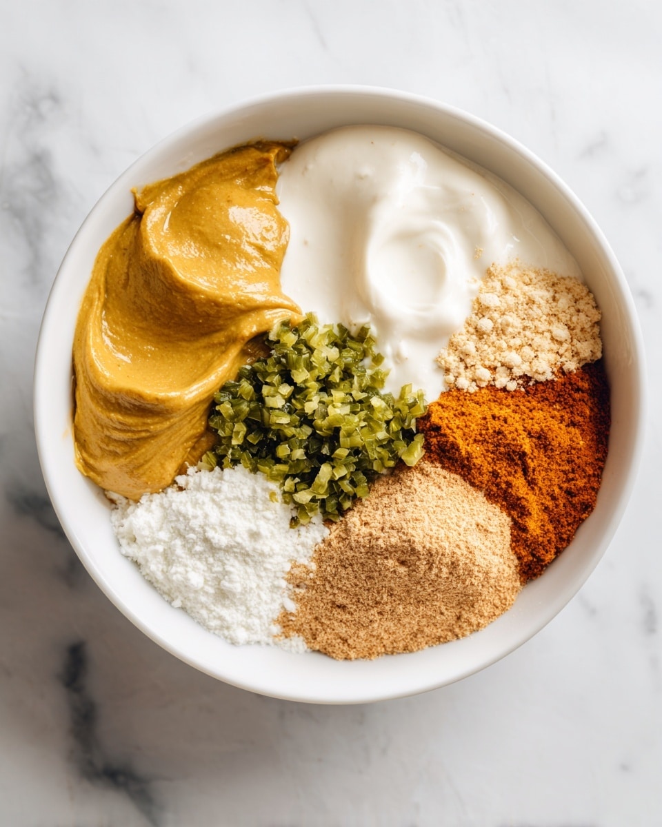 A white bowl holds six different ingredients neatly placed in separate sections, creating a colorful mix. Starting from the top left, there is a smooth and thick mustard-yellow paste. To its right is a creamy white layer with a soft texture. Below the mustard, there are small, chopped, green pieces that have a glossy look. Next to the green pieces, there is a fine, powdery white layer. Below the creamy white part, there is a rusty orange powder that looks slightly grainy. Finally, a light brown powder with a soft texture is placed beside the orange powder. The bowl is set on a white marbled surface that provides a clean and bright background. photo taken with an iphone --ar 4:5 --v 7