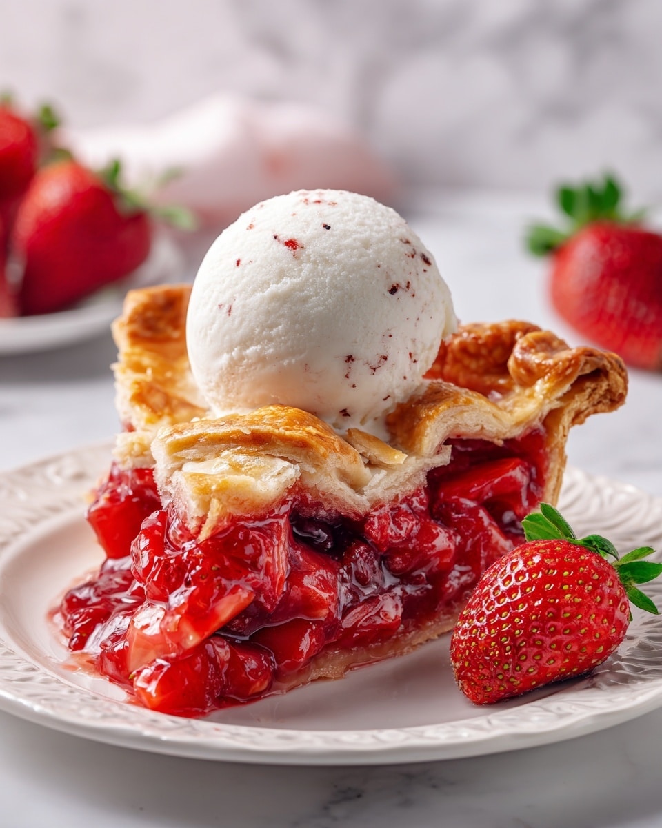 A slice of strawberry pie with two thick layers of golden brown flaky crust on top and bottom, filled with a glossy, rich red strawberry filling mixed with soft fruit pieces, is placed on a white plate with a delicate pattern. On top of the pie slice, there is a smooth, creamy white scoop of vanilla ice cream with tiny dark specks and one whole fresh, bright red strawberry with green leaves. In the background, there are additional strawberries and a white textured surface with white marbled texture. photo taken with an iphone --ar 4:5 --v 7