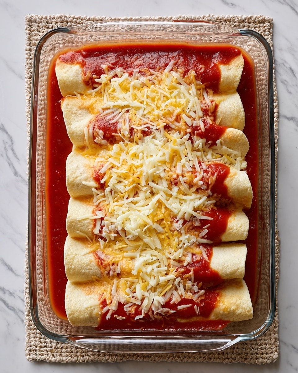 A glass rectangular baking dish contains four rolled tortillas neatly lined up side by side. The tortillas are covered with a smooth layer of red sauce that pools around the edges and between the rolls. On top of the sauce, there is a light sprinkling of shredded white and yellow cheese evenly spread over the tortillas. The dish rests on a white marbled surface with a textured placemat underneath. The overall look is fresh and ready to bake. photo taken with an iphone --ar 4:5 --v 7