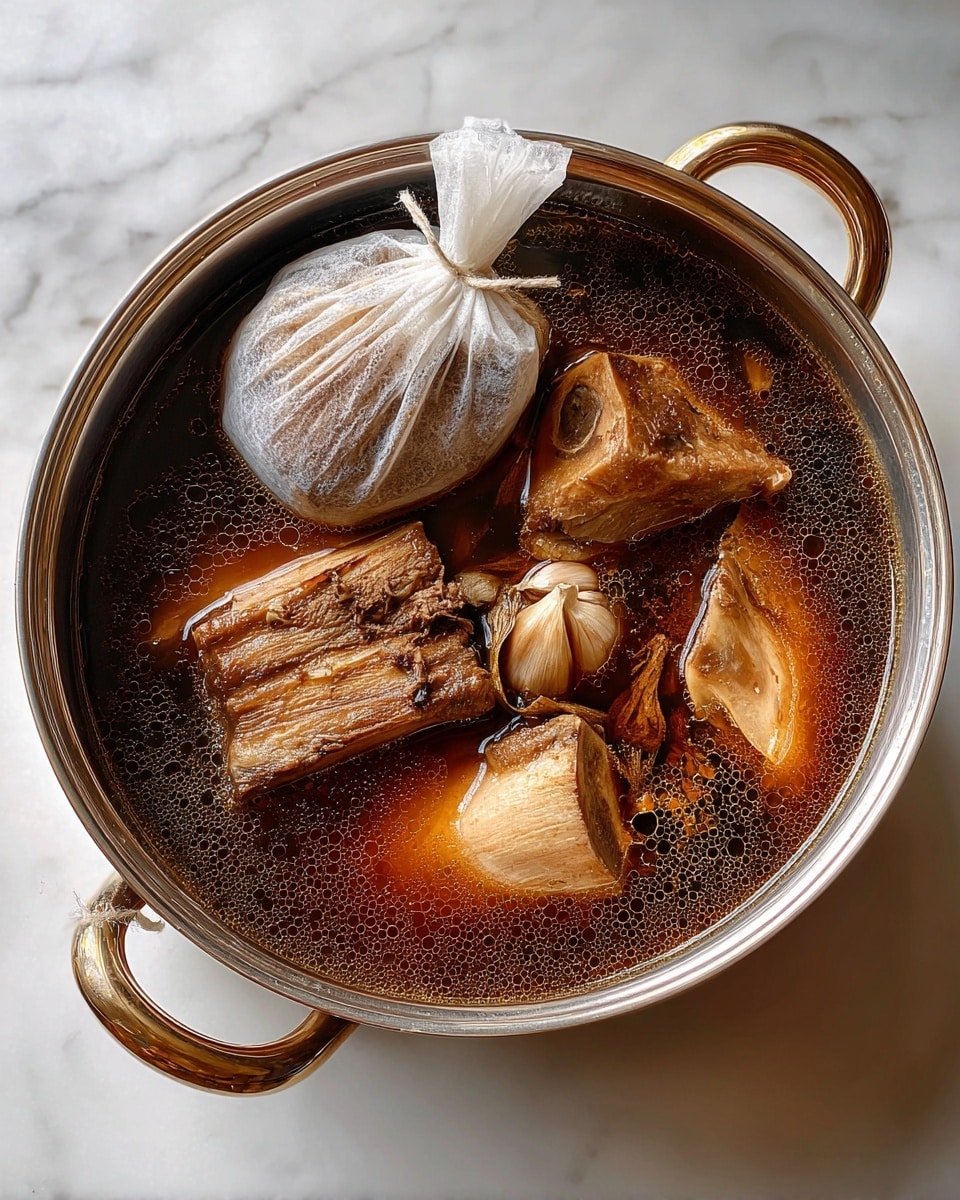 A silver pot filled with dark brown broth containing several large pieces of light brown bones and meat, some with smooth textures and others more fibrous. A white spice bag tied with a string floats on the left side. Small bubbles of oil shimmer on the broth surface. The pot sits on a white marbled surface. Photo taken with an iphone --ar 4:5 --v 7