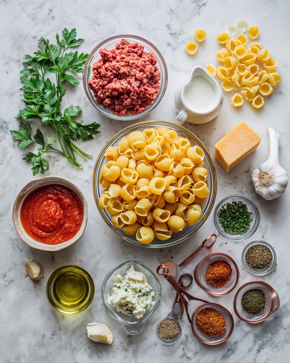 A flat lay image shows raw ingredients for cooking arranged neatly on a white marbled surface. In the center, a large glass bowl is filled with uncooked yellow shell pasta. To the left of it, there is a smaller glass bowl with red ground meat, next to a block of orange cheese and a small sprig of green parsley. Below, a small glass bowl contains white cream or milk, with another small glass bowl holding minced garlic beside it. Nearby, a white jug holds light green olive oil, and next to it lies a garlic bulb. On the right side, there are six copper measuring spoons with different spices: green herbs, red powder, green leaves, black pepper, and smaller amounts of herbs or salt. A small onion and two parsley sprigs are also scattered on the surface. Near the top left, a bowl of bright red tomato sauce and a small bunch of yellow pasta shells complete the arrangement, all on a clean white marbled background. Photo taken with an iphone --ar 4:5 --v 7