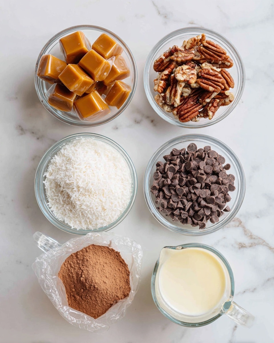 A top view of seven clear glass bowls and a plastic bag arranged on a white marbled surface. The top left bowl contains caramel wrapped candies in rich light brown color. To the right is a bowl filled with broken pecan nuts showing dark and pale brown textured pieces. Below the candies is a bowl with fine white shredded coconut. At the bottom center is a clear bag filled with light brown cocoa powder. To the right of the bag is a bowl filled with small dark brown chocolate chips. At the bottom right are two clear glass measuring cups, one filled with white cream and the other with a frothy light yellow liquid. photo taken with an iphone --ar 4:5 --v 7