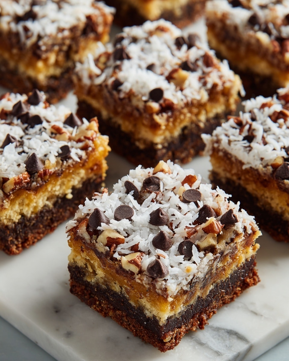 The image shows several square dessert bars arranged closely on a white marbled surface. Each bar has three visible layers: a dark brown, crumbly base layer, a middle caramel-colored layer with visible pecan pieces, and a top layer covered in white shredded coconut and many dark chocolate chips spread unevenly. The bars are thick and appear rich with nuts and toppings. Photo taken with an iphone --ar 4:5 --v 7