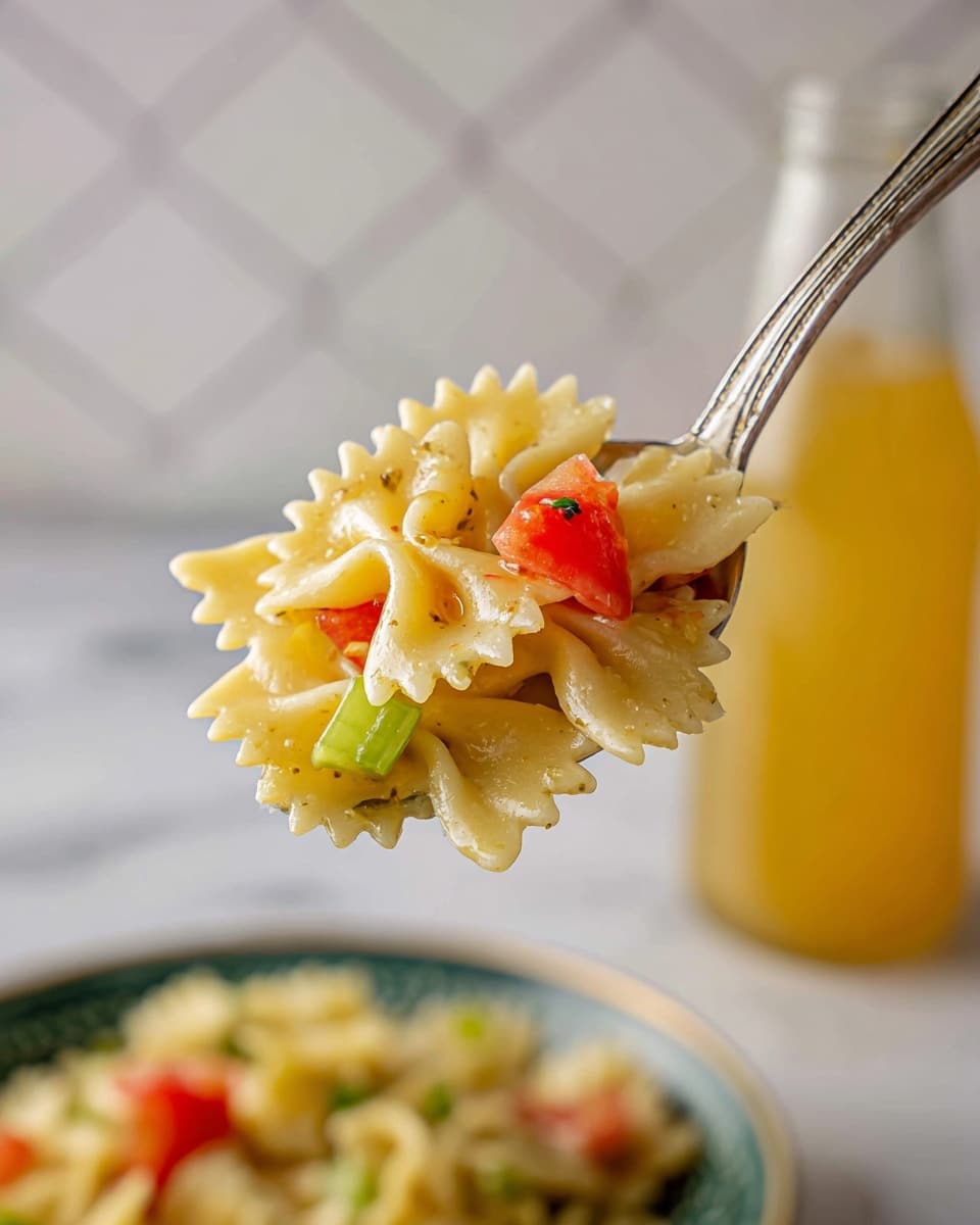 A close-up of a silver spoon holding a small portion of pasta salad with three visible layers: pale yellow bowtie pasta on top with a smooth texture, bright red tomato pieces beneath it showing a juicy, soft texture, and light green celery chunks at the bottom with a crisp appearance. The background is a white marbled surface, blurred with a white geometric tiled wall and a clear glass bottle filled with a light yellow liquid to the right. A jar with orange sauce and a textured dark green plate are faintly visible below. Photo taken with an iphone --ar 4:5 --v 7