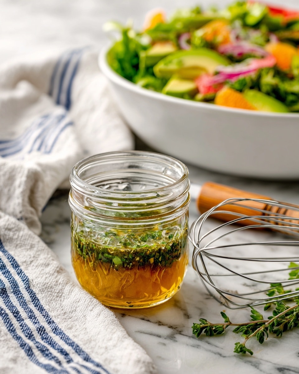A small clear glass jar filled with a two-layered dressing that has a golden-yellow translucent bottom layer mixed with visible green herb pieces on top, sitting on a white marbled surface. Behind the jar is a large white bowl filled with a colorful salad made of green leafy vegetables, orange and pink slices of citrus fruits, and light green avocado slices arranged in a mixed but natural way. To the right of the jar, a silver metal whisk with fresh green herb sprigs scattered beside it and a white and light wood-handled utensil lie on the marble. A white cloth with blue stripes is folded beside the jar. The photo taken with an iphone --ar 4:5 --v 7