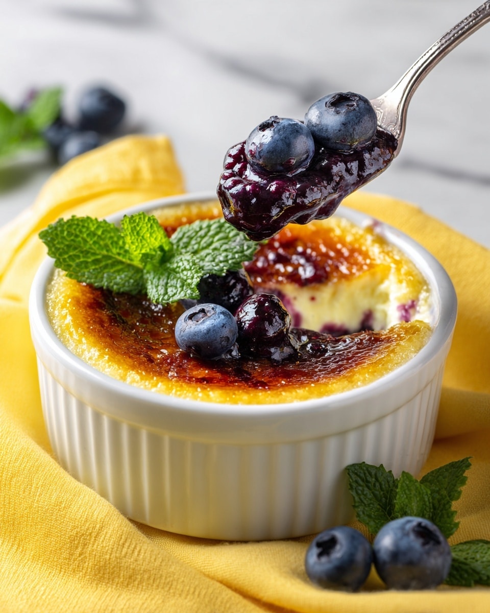 A white round ramekin filled with a dessert that has three layers: a caramelized golden brown top layer with a shiny, cracked texture, a middle creamy pale yellow custard layer, and a bottom layer with a purple blueberry sauce. A silver spoon lifts a scoop showing all three layers mixed with the sauce, and on top of the dessert are three fresh blue blueberries and a green mint leaf. The ramekin sits on a bright yellow cloth with a few loose blueberries and mint leaves nearby, all on a white marbled surface. Photo taken with an iphone --ar 4:5 --v 7