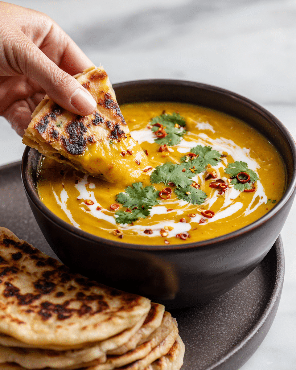 A white pot filled with smooth, orange soup forms the base layer. On top, white cream is swirled in a loose spiral pattern across the soup. Thin slices of red chili are scattered mainly on the right side. Fresh green cilantro leaves with stems cluster towards the left-center, adding a vibrant pop of color. Crispy fried shallots sprinkled around the chili slices and cilantro add a brown, crunchy texture. The pot's edge shows slight wear and is placed on a white marbled surface. Photo taken with an iphone --ar 4:5 --v 7