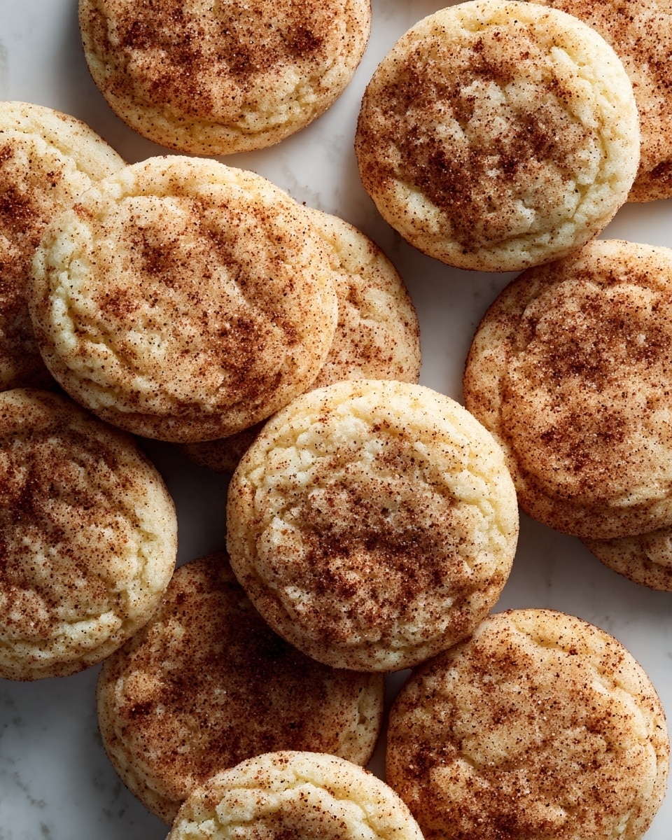 Multiple round cookies are shown close up on a white marbled surface. Each cookie has one layer, with a light golden-brown color and a textured, slightly raised surface. The tops are sprinkled with a fine layer of cinnamon sugar, giving a speckled brown look. The cookies are spaced close to each other but not touching. Photo taken with an iphone --ar 4:5 --v 7
