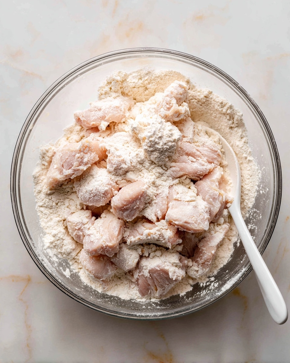 A clear glass bowl on a white marbled surface holds many pieces of raw chicken coated in a thick white flour mixture. The chicken pieces are pink and unevenly covered, creating a rough texture where bits of flour stick in clumps. A white spoon rests inside the bowl on the right side, partly covered with the same flour mixture. The bowl is seen from above, showing the clumpy flour and soft chicken layers mixed together photo taken with an iphone --ar 4:5 --v 7